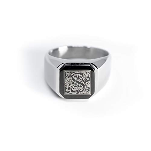Tioneer Jewelry | Stainless Steel Letter Alphabet Initial Ring | Square Flat Top Ring for Men & Women | Stainless Steel Jewelry, Silver - Letter S, Size 8