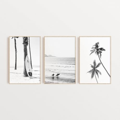 Black And White Surf Wall Art Prints Beach Poster Palm Trees Canvas Pictures Art Painting Nordic Posters Home Decor 8x12inchx3pcs unframed
