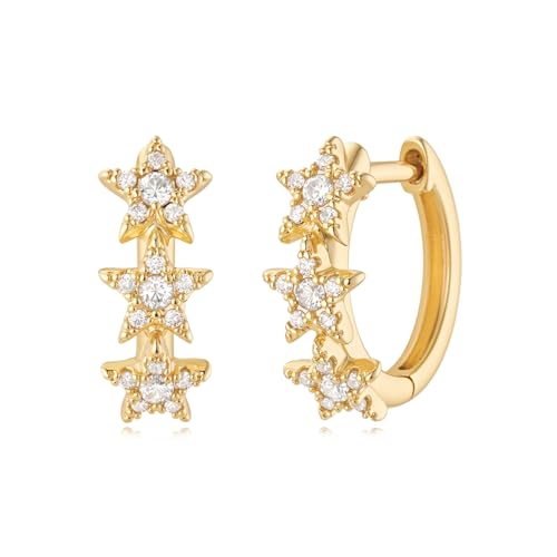MYEARS Women's Gold Diamond Huggie Hoop Earrings, Small Trio Cluster Star, Hypoallergenic, Gift Box