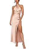 firfig Women's Halter Tie Neck Satin Dress Sleeveless Open Back Criss Cross Cutout Split Hem Slip Wedding Party Maxi Dress, Champagne XS