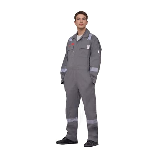 Flame Resistant FR Hi Vis Coveralls for Men 7oz Overall for Men Reflective Tape Welding Coveralls 6 Pockets (Grey-Medium)