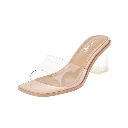 vivianly Womens Clear Heels Sandals Transparent Chunky Heels Backless Open Toe Slip on Mules Heeled Slipper Dress Shoes size 9
