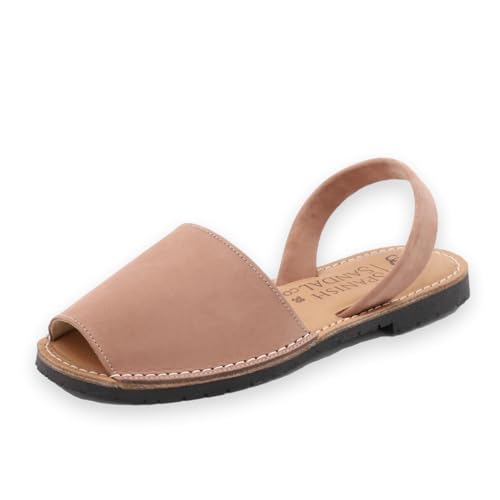 The Spanish Sandal co Classic Flat Sandals for Women – Dressy Soft Leather Peep Toe Women’s Flat Sandals, Casual Slip on Flats - Tan Nubuck