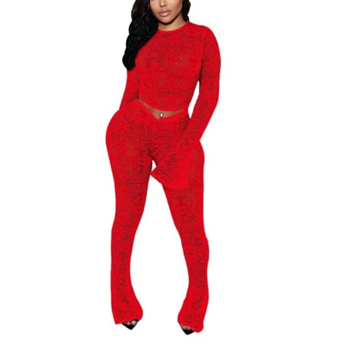 Kafiloe Women Sexy 2 Piece Outfits Clubwear Mesh Hollow Out Long Sleeve Crop Top Flare Pants Set Birthday Outfits Red L