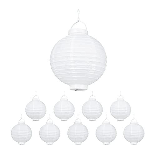 Relaxdays Led Lampions, 10-Piece Set, Battery-Powered, Indoor & Outdoor, Hangable, Paper Lantern, Ø 20 cm, White