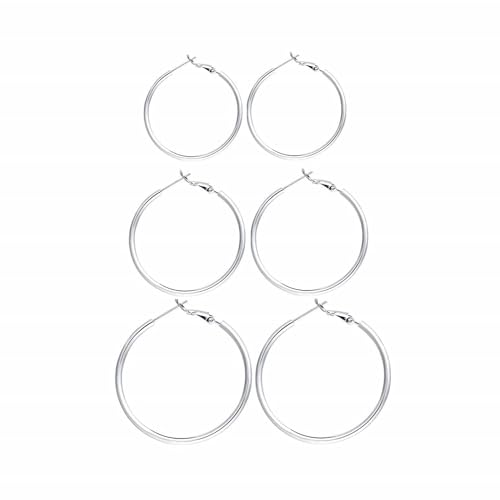 3 Pairs Sterling Silver Hoop Earrings, 14K White Gold Plated Big Hoop Earrings Set for Women 40 50 60MM