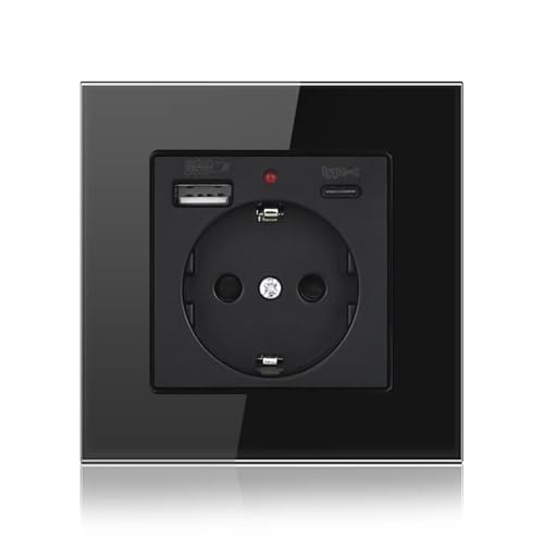 Type-c USB Socket EU Standard 16A 250V Russia Spain Power Outlet with USB Charger Port 5V 2A, 86 * 86mm Tempered Glass Panel(Black)