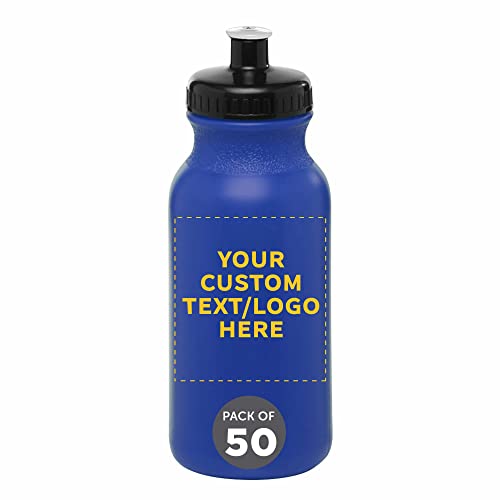 DISCOUNT PROMOS Custom 20 oz. Water Bottles with Push Cap Set of 50, Personalized Bulk Pack - Perfect for Gym, Hiking, Camping, Outdoor Sports - Reflex Blue