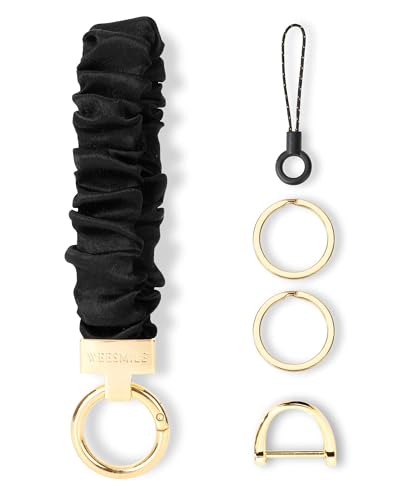 WEESMILE Keychain Wristlet, Stretchy Key Chain for Car Keys with D ring, Cute Scrunchie Wrist Bracelet for Women Men (Space Black)