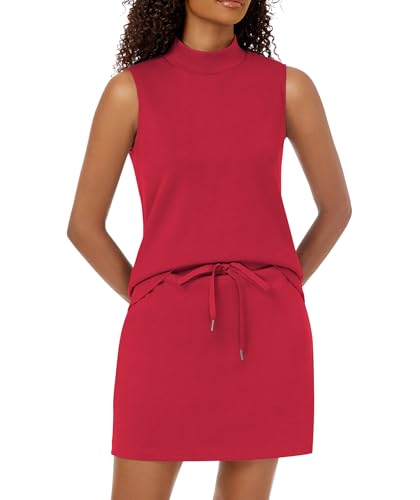 Casly Lamiit 2 Piece Skort Set for Women Summer Tennis Outfits Casual Jogger Sweat Suit 2025 Mock Neck Tops Short Skirt Dress Active Wear Red S