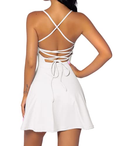 QINSEN Open Back Workout Dresses for Women Two Pieces Slip Active Exercise Yoga Inner Shorts Dress White M