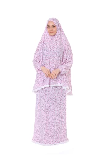 Elanesa Islamic Dress for Women Prayer Clothes for Muslim Women 2 Piece Set Maxi Skirt with Hijab and Rosary Printed Dress.(11861, One Size, Pink)