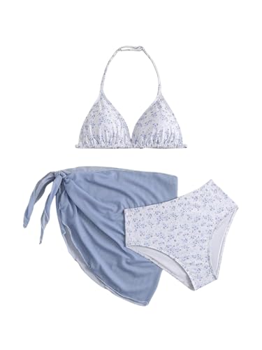 RoseSeek Girl's 3 Piece Swimsuits Floral High Waisted Bikini Bathing Suit with Mesh Coverups Skirt Multicolor 12Y