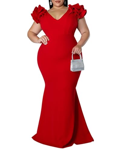 Women's Plus Size Bodycon Maxi Dress Elegant Ruffle Sleeves Sexy Evening Party Long Dresses Red 3XL