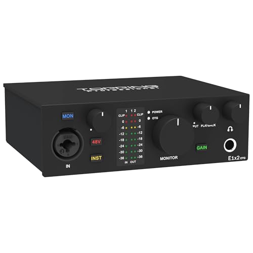 TOPPING E1X2 OTG USB Audio Interface | XLR Mic Preamp, 48V Phantom Power, 24bit/192kHz, 8 DAW/6 Loopback Channels, PC & Mobile Recording, Dual Livestream, Zero-Latency Mixer, High-Res Playback(Black)