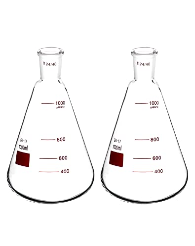 QWORK 1000 mL Borosilicate Glass Erlenmeyer Flask, 2 Pack Thick Wall Flask with 24/40 Outer Joint