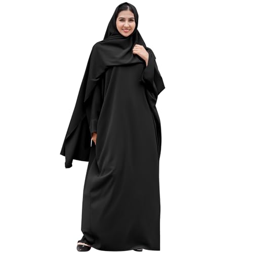 IDOPIP Muslim Abaya for Women One Piece Long Sleeve Islamic Prayer Dress with Hijab Loose Full Length Maxi Cover Kaftan Robe Gown with Khimar Jilbab Niqab Dubai Modest Clothes Black + Hijab One Size