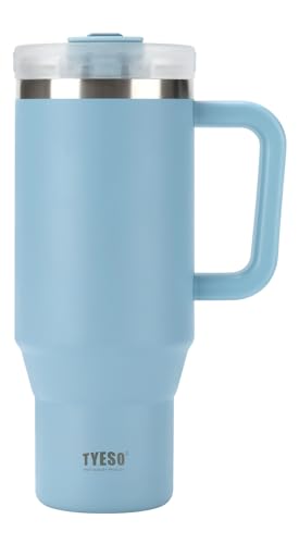 TYESO Vacuum Insulated Tumbler Water Bottle Cold Insulation Stainless Steel Bottle Straw Handle Mug Double Wall Wide Mouth (SKY BLUE, 40 oz)