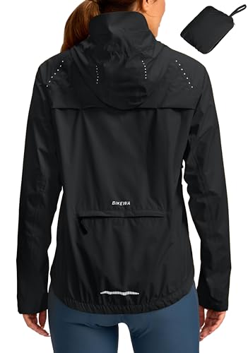 Bikewa Women's Cycling Rain Jackets Waterproof Windbreaker Lightweight Running Windproof Reflective Jacket Packable Hooded(Black,S)