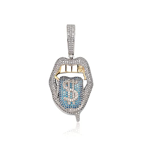 ICEDIAMOND Iced Out Crazy Dollar Blazing Tongue Creative Pendant Necklace, Full Shiny Colored CZ Diamond with White Gold Plated Hip Hop Charm Jewelry for Men (Blue)