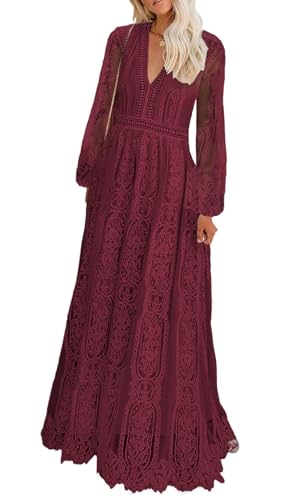 Women's Long Sleeves Lace Maxi Wedding Dress Boho Flowy Wedding Guest Cocktail Formal Party Dress Fall Winter Spring Wine Red