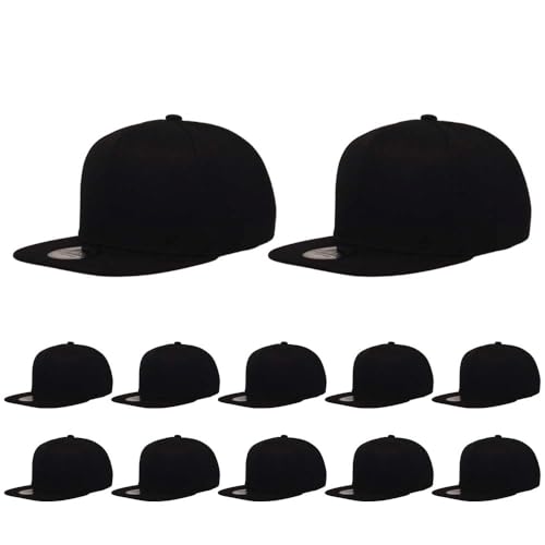 ZH Plain Flat Brim Snapback Baseball Caps Adjustable Blank Baseball Caps Wholesale 12 Pack… Black