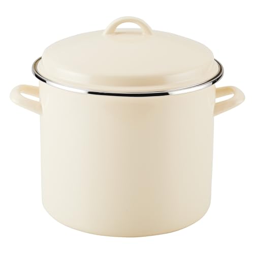 Rachael Ray Enamel on Steel Stockpot with Lid, Induction Suitable, 12 Quart, Almond Cream