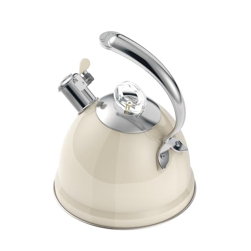 Harriet Tea Kettle Stovetop, 2.5 Quart Whistling Stainless Steel Tea Pot, 3-Layer Base, Unique Ergonomic Handle, Includes Pot Holder & Mat, Electric/Induction/Gas Stovetops Applicable, Beige White