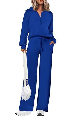 PRETTYGARDEN Women's 2 Piece Outfits Casual Lapel Half Zip Sweatshirts And Wide Leg Pants Tracksuit Sets (Royal Blue,Medium)