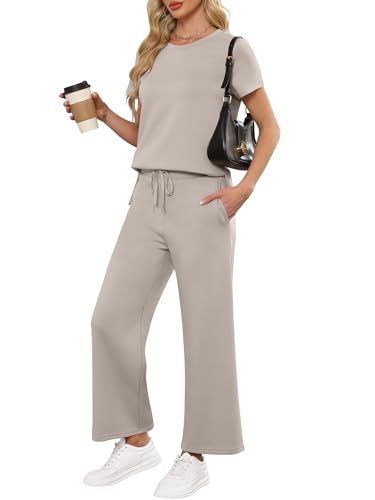 ANRABESS Women 2 Piece Lounge Sets Summer Travel Sweat Outfits Short Sleeve Wide Leg Casual Matching Tracksuits Clothes Light Khaki Large