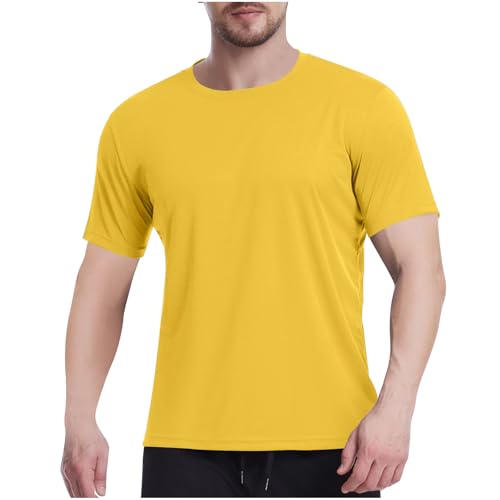 Camisetas entrenamiento Hombres Manga Corta Color sólido Malla transpirable Camisetas Cuello Redondo F-414 Gold Large