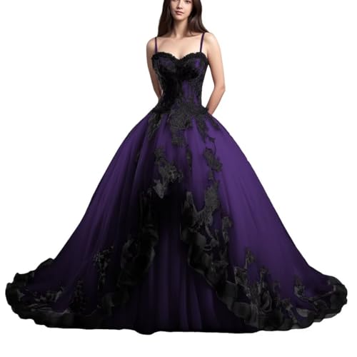 Mauuwy Black Lace Quinceanera Dresses Purple Tulle Ball Gown Puffy Spaghetti Straps Gothic Prom Dresses 2024 Sweet 16 Birthday Dresses for Women Gothic Bridal Gowns Size 16 Plus