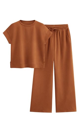 PRETTYGARDEN 2 Piece Outfits For Women Casual Tracksuit Short Sleeve Tops And Wide Leg Long Pants Matching Lounge Sets (Brown, Small)