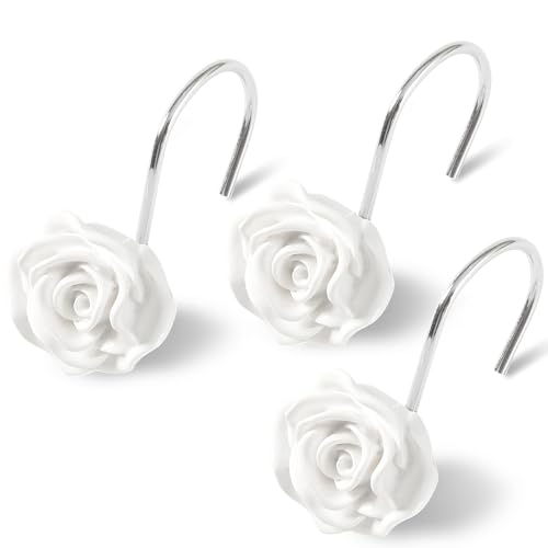 Litabel Rose Shower Curtain Hooks 12PCS,Rose Home Decorative Shower Curtain Hooks Metal Rustproof Cute Rose Flower Shower Hooks Rings Bathroom Shower Rods Curtains