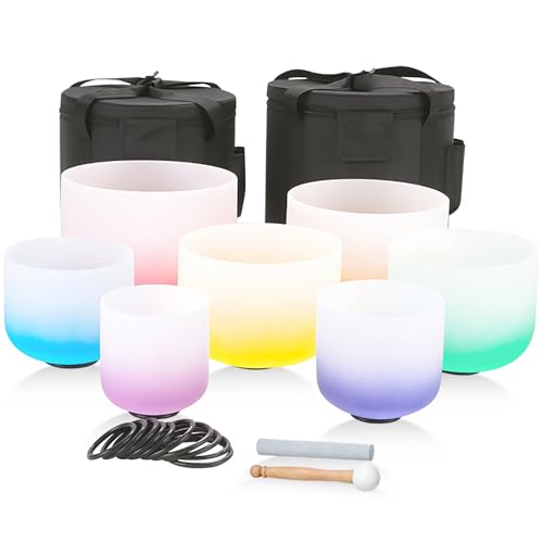 432HZ 6-12 Inch 7 Pcs Gradient Frosted Crystal Singing Bowl Set for Meditation Healing Yoga Chakra Quartz Crystal Sound Bowls with Heavy Duty Carry Cases and Rubber Mallet,Suede Striker,O-rings