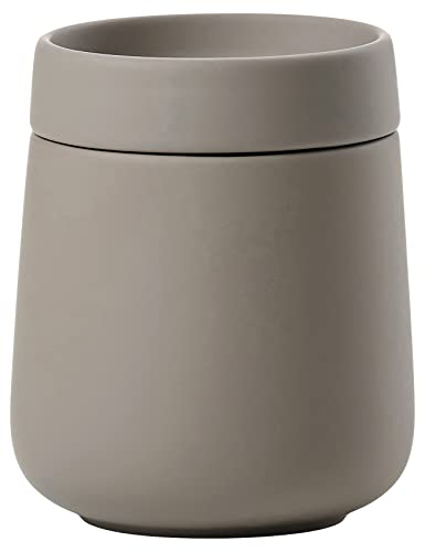 Zone Denmark Nova One Ceramic Storage Box with Lid for Bathroom Utensils Such as Cotton Pads & Cotton Buds Diameter 3.3", Height 3.39", Capacity 290 ml,Taupe