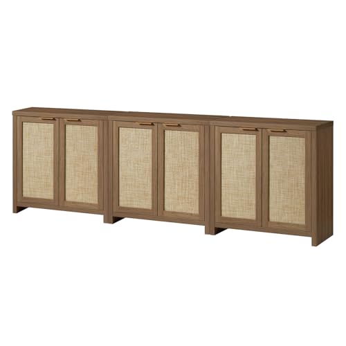 OAKHAM HOME Hampstead Storage Sideboard Cabinet with Rattan Doors and Adjustable Shelves, Buffet Kitchen Cabinet Cupboard Console for Living Room, Set of 3