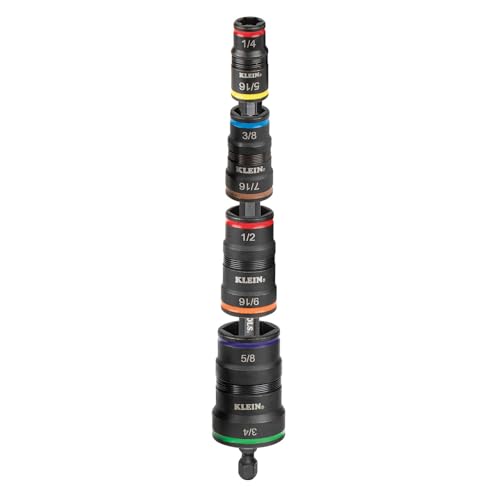 Klein Tools 32934 Impact Driver, 9-in-1 SAE Impact Socket Set, 4 Flip Sockets with 1/4, 5/16, 3/8, 7/16, 1/2, 9/16, 5/8, and 3/4-Inch Nut Driver Sizes with Bit Holder, 6-1/2-Inch Shaft