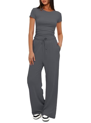 Darong Two Piece Outfits for Women Crew Neck T-shirt High Waist Wide Leg Pants Matching Sets Streetwear 9042B Grey S
