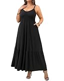 Plus Size Maxi Dress Women Summer Black Tiered Long Pockets Casual Beach Wedding Guest Spaghetti Strap Swing Sun Dresses