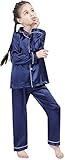 DF-deals Girls Boys Kids Silk Satin Pajamas Set Button-Down Clothes Long Sleeve Loungewear Sleepwear PJS Navy 150