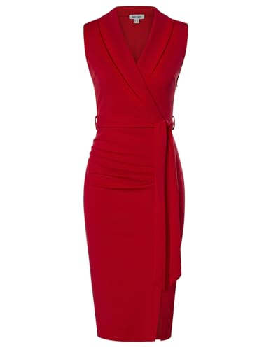 GRACE KARIN Sleeveless Lapel V Neck Belted Dress Solid Bodycon Work Office Dresses for Women Red 14