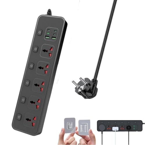 European Travel Plug Adapter with Individual Swtich, Jumpso 6ft Universal Power Strip with 5 Outlets and 6 USB (4 USB C), Max 3000w, 110-240v, International Power Adapter for Office Business
