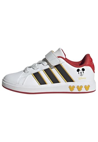 adidas Disney Grand Court Elastic Lace & Strap Sneaker, Mickey Mouse/White/Black/Bold Gold, 1 US Unisex Little Kid