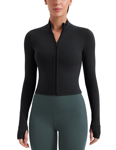 CRZ YOGA Womens Butterluxe Full Zip Cropped Workout Jacket Slim Fit Lightweight Athletic Yoga Tops with Thumb Holes Black Medium