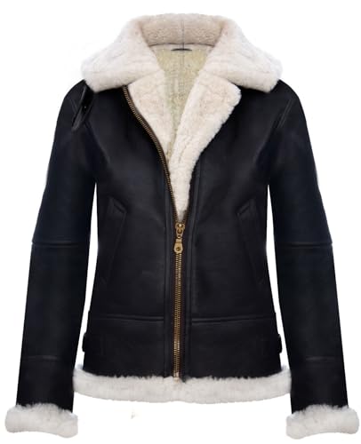 Womens Hooded Sheepskin Jacket B3 Flying Leather RAF Aviator Pilot Brown Cream M
