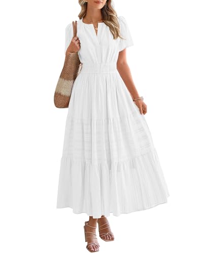 BTFBM Womens Summer 2025 Casual Midi Maxi Dresses Lightweight Short Sleeve V Neck Elastic Waist Boho Beach Dress Pockets(White, Large)