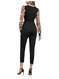 WDIRARA Women's Floral Embroidery Jumpsuit Mesh V Neck Bishop Sleeve High Waist Crop Belted Romper Pants Black L