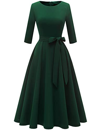 DRESSTELLS Christmas Dresses for Women, Dark Green Holiday Party Dress, Women's Cocktail Dresses for Formal Wedding Guest Mother Bride Long Sleeves Tea Length Dress DarkGreen S