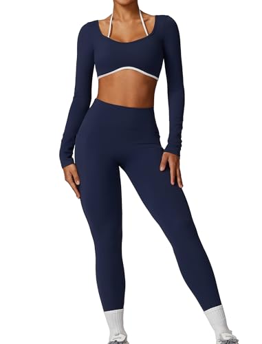 AGYMNX Workout Sets for Women 2 Piece Outfits Seamless High Waist Leggings Yoga Long Sleeve Crop Tops Athletic Gym Sets Blue S